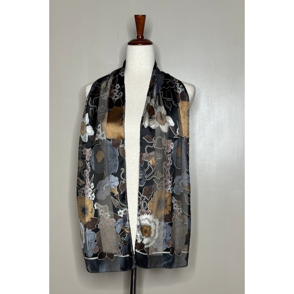 Dark Floral Skinny Scarf Cejon Black Gray Brown 9x62